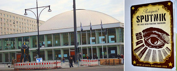 Two pictures, one showing the event venue with the iconic CCC rocket, the other the Sputnik poster.